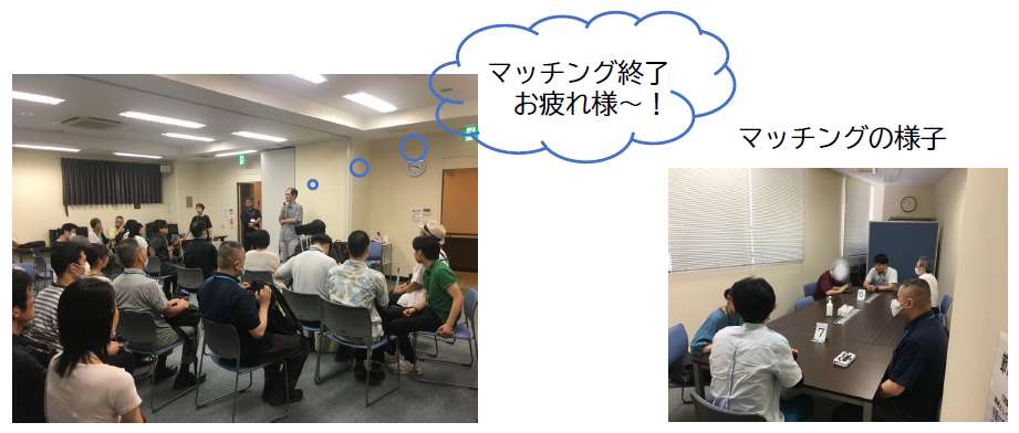 合同マッチングの様子を表す写真が横並びに２枚：左は全体で説明を受けているところ、右はグループごとに相談をしている葉数、写真の上の方に「マッチングお疲れ様」の文字があります
